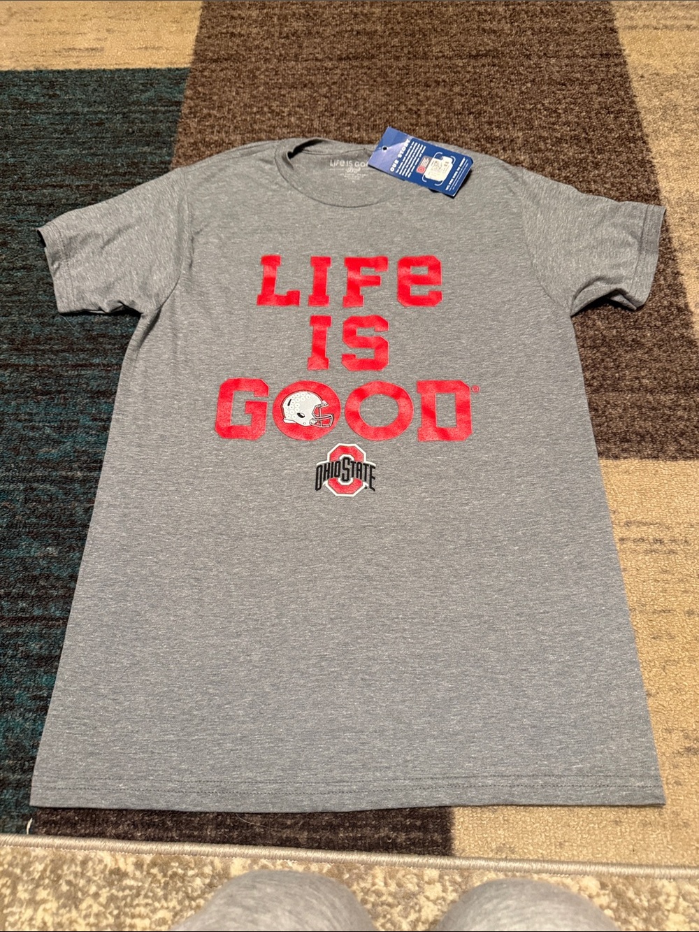 Life Is Good Gray Tee with Red Ohio State Graphic